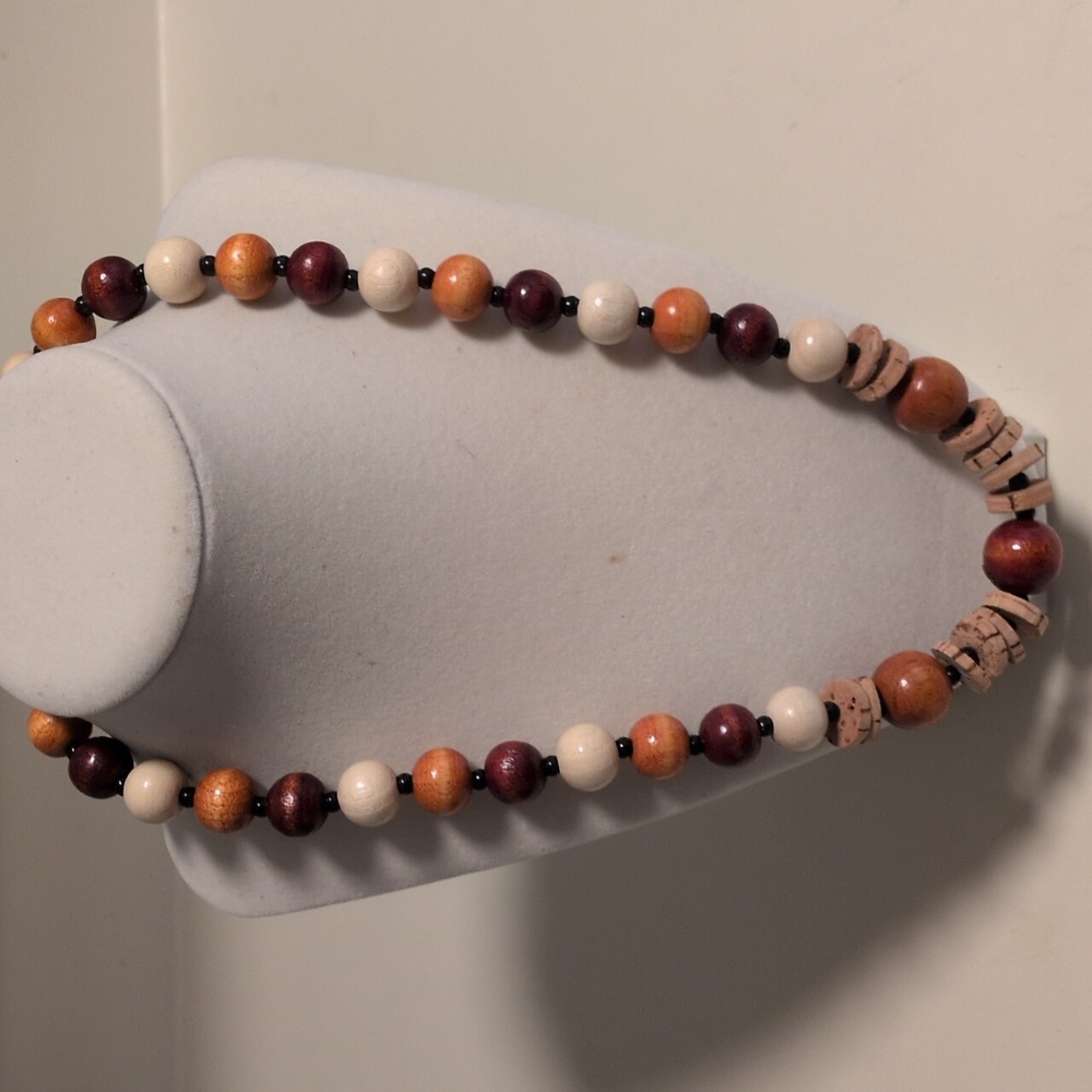 Elegant Wood Beaded Necklace in Burgundy, Cream, and Brown